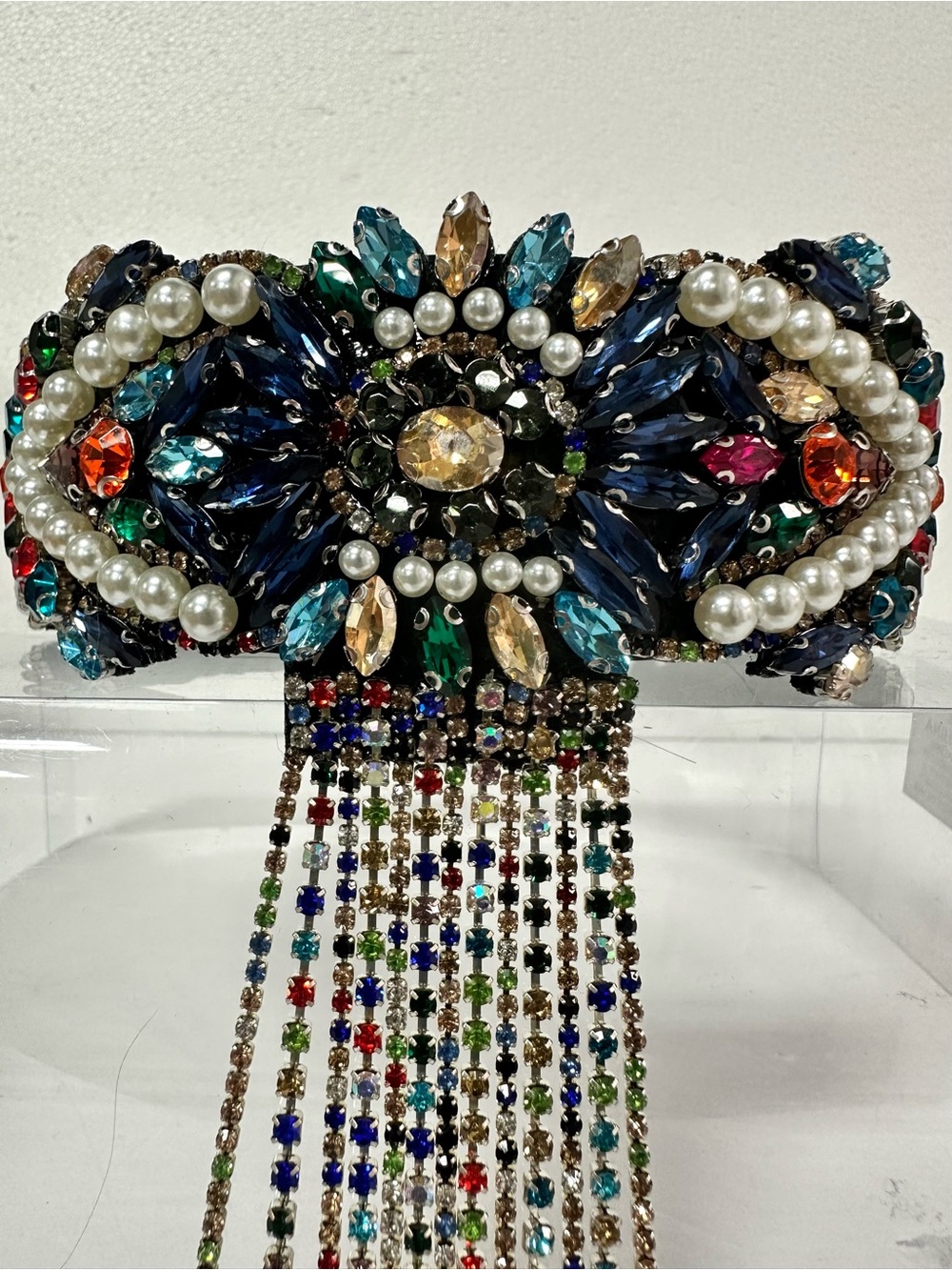 Multicolor Jeweled Pearl Fringe Hair Barrette